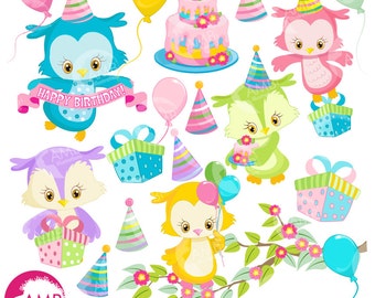 Owl clipart, Birthday Owl clipart, Birthday Party Clipart, Birthday Clipart, Owl party Clipart, Commercial Use, AMB-1186