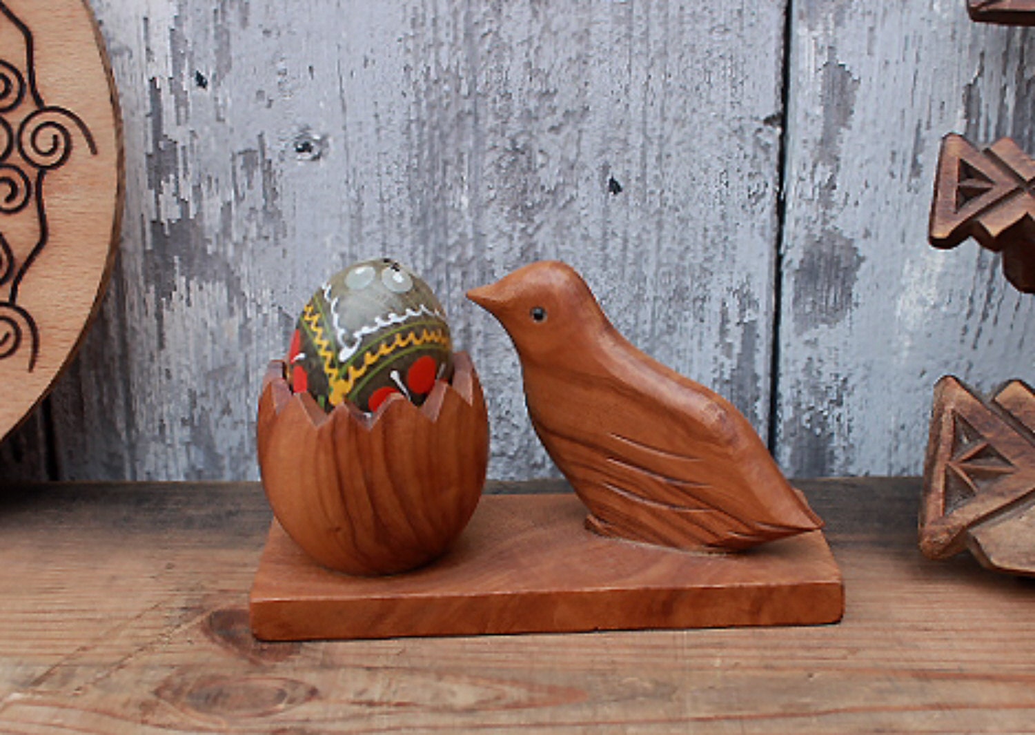 Vintage egg holder wood wooden bird wood tray teak walnut 50s 60s
