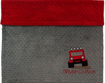 Personalized Baby Jeep Blanket,Minky Grey & Red Minky Jeep Blanket, Custom Jeep Blanket, Choose your own colors