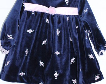 Vintage baby dress, blue Velvet with pink flower detailing, Little Bitty sz 12 mo