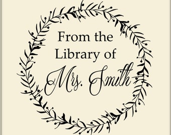 Custom library stamp, From the library of stamp, Personalized rubber stamp, Teachers stamp, Book marking stamp - Floral wreath stamp, L5