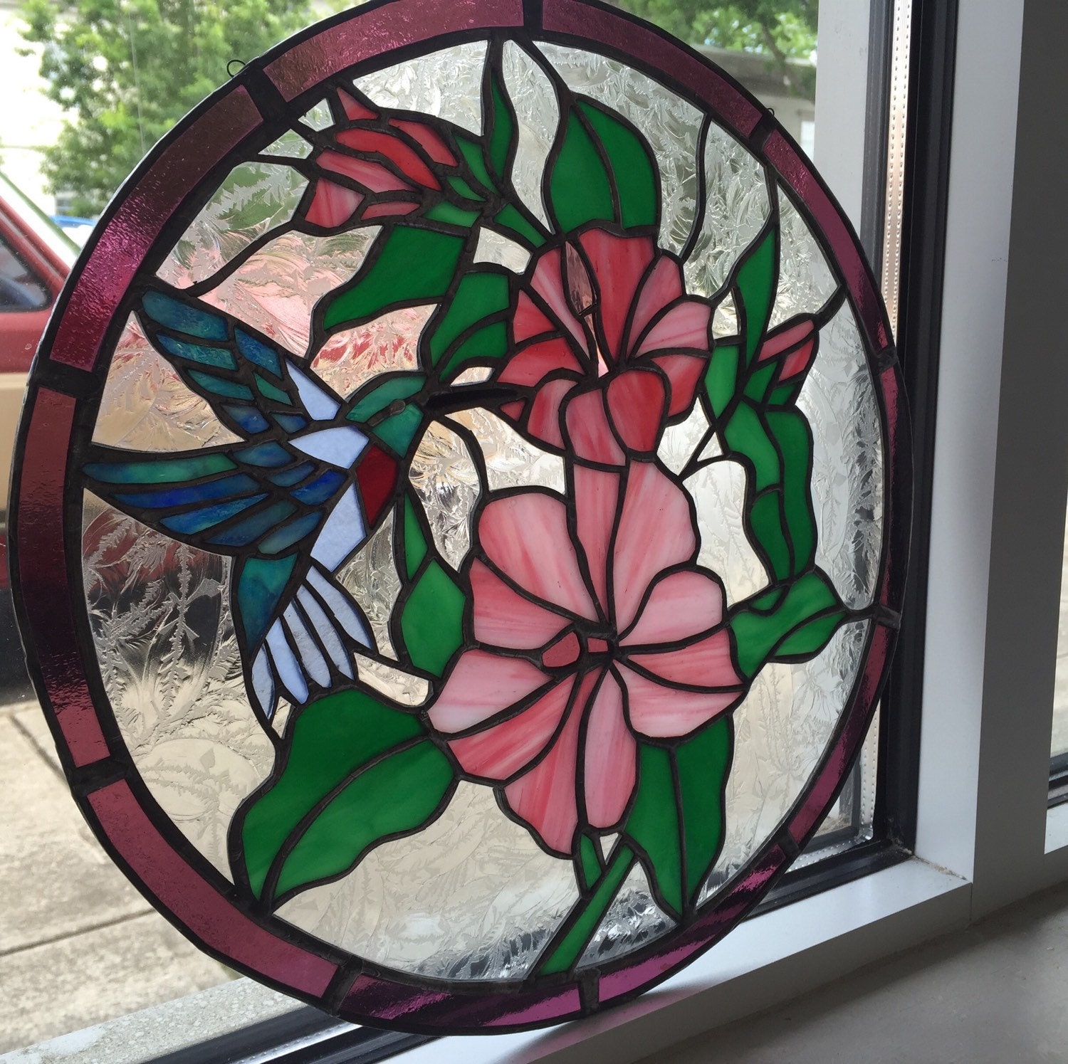 Hummingbird with Flowers Stained Glass Panel Sun Catcher