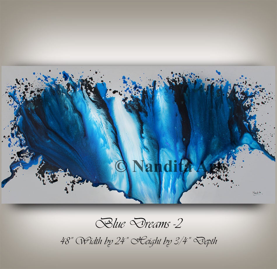 Wall Art ABSTRACT PAINTINGS Blue and Gray LARGE Artwork