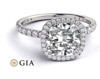 Platinum Diamond Ring Cushion Cut Halo Engagement Ring, GIA Diamond, 1.65 TCW Diamond Ring Setting, Halo Ring, Unique Rings