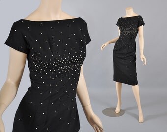 Sparkly 1950s Black Sheath Dress - Rhinestones XS
