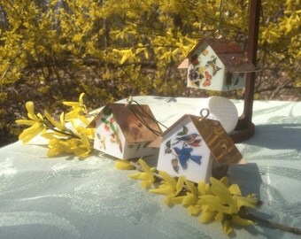Perfect for Easter Baskets! Copper Roofed Birdhouse Ornaments, Feathered Friends Collection, Set of 3