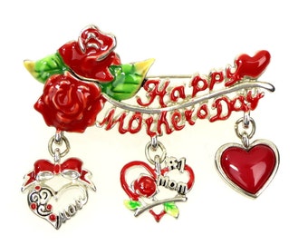 Vintage Mother’s Day Pin Red Enamel Roses and Heart Charms 'Happy Mother's Day' Silver Tone