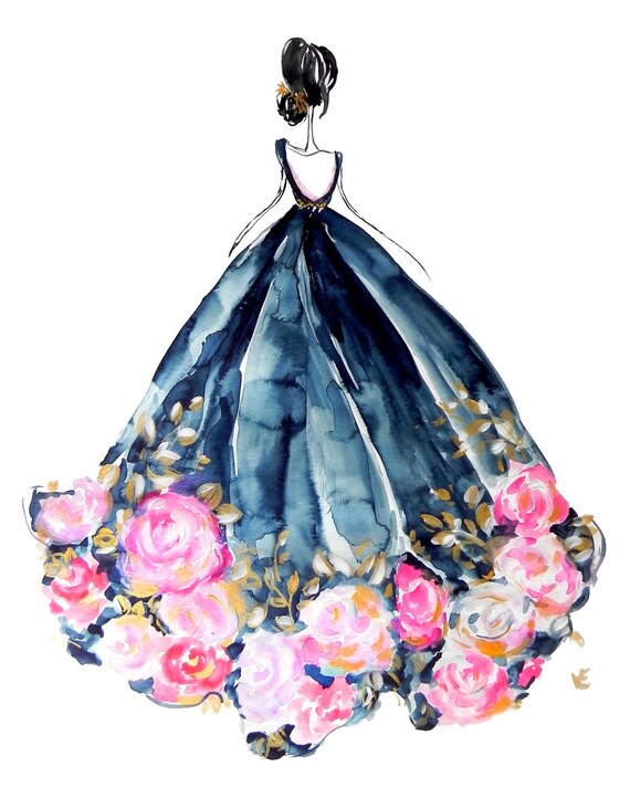 8x10 Rose Dress Indigo Fashion Watercolor Illustration