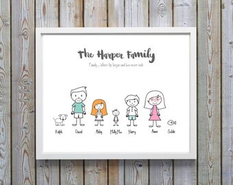 Cartoon Family Print, Cartoon Family Portrait, Personalised Family Print, Personalized Family Print, Mothers Day gift for Grandma, Motto