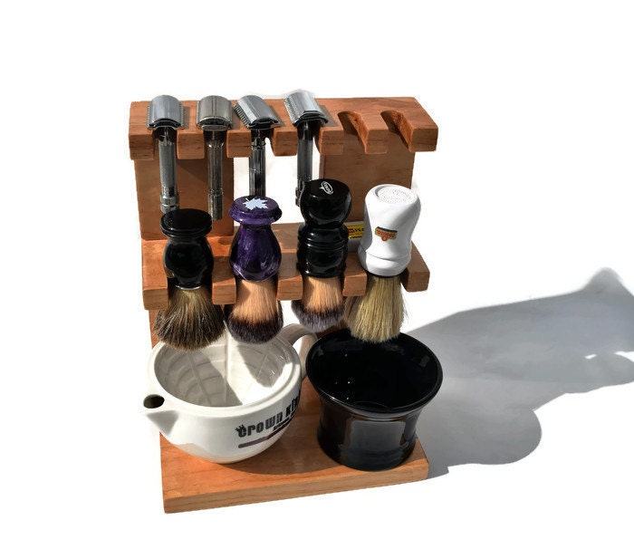 Safety razor and shaving brush stand double decker wooden