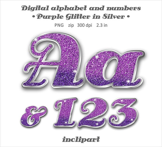 Purple glitter alphabet clipart. Letters, numbers digital clipart ...