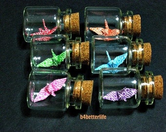 Lot of 6pcs 1-inch Hand-folded Paper Crane In Clear Glass Mini Bottle With Cork. (MD paper series). #CIB06d.