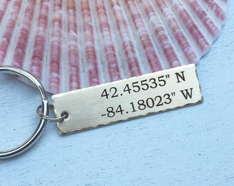 Graduation Gift Custom Coordinate Keychain - Boyfriend Gift - USA made Custom Hand Stamped Keychain | Anniversary Gold Latitude & Longitude