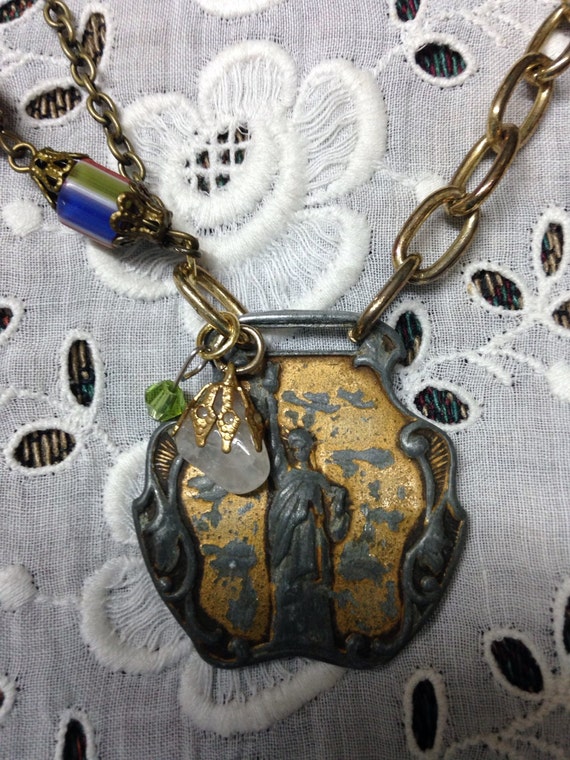 STATUE OF LIBERTY goldtone and sikver patina patriotic vintage