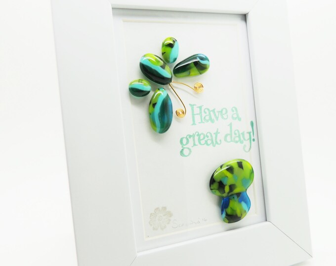 Fused glass wall art panel. Blue green butterfly and mushroom. Have a great day. handmade. Birthday housewarming, wedding anniversary gifts.