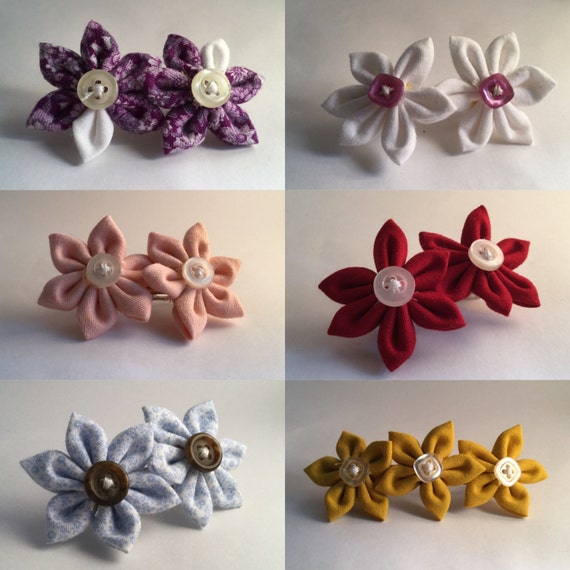 Items similar to Fabric Flower Barrettes with Buttons on Etsy