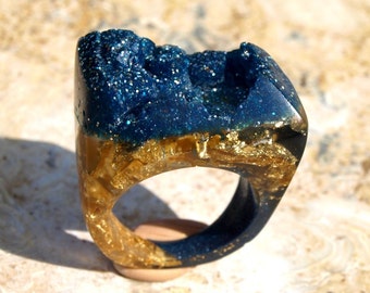 The 'Amanda Zory' Indigo Peacock Agate Druzy Resin Ring, Opera Singer Rings, Blue Agate Rings, Peacock Druzy Rings, ResinHeavenUSA
