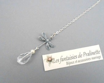 Bijoux mariage de dos, pendant libellule et cristal sur fine chaine - Bridal backdrop necklace crystal