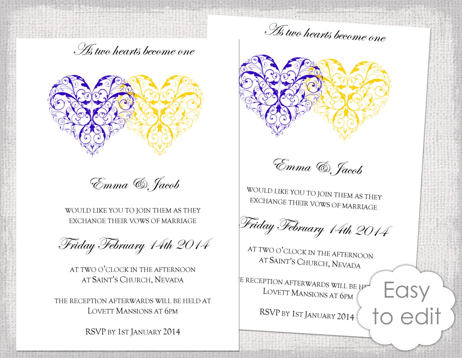 Printable Heart Wedding invitation template Romantic royal