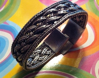 925 sterling silver bracelet, braided fabric, vintage late ' 80