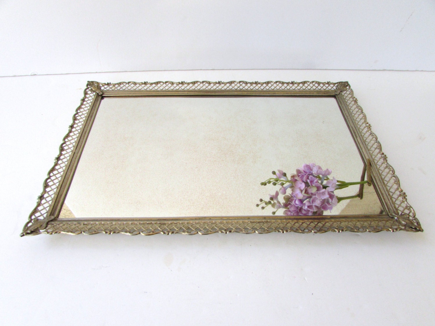 Mid Century Brass Filigree Vanity Mirror Tray Serving Tray Mirror