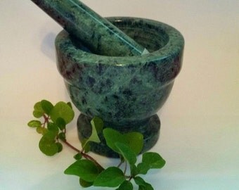 Green Marble solid stone Mortar & Pestle Salt Set w/FREE salt!