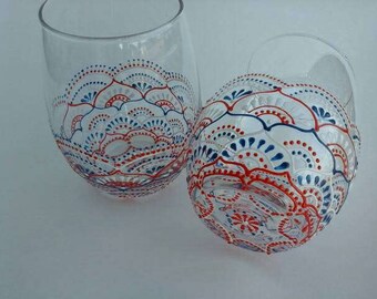 Hand Painted Wine Glasses, Fourth of July glasses,,Red White & Blue Wine Glasses, Stemless Glasses, Hand Painted Stemless