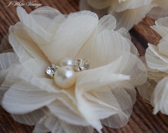 Light Cream , 2" Chiffon Flower with Focal of 2 Pearls & 2 Rhinestone, Hair Bow Supplies, Kids Headbands, DIY, Shabby Chic, Wholesale
