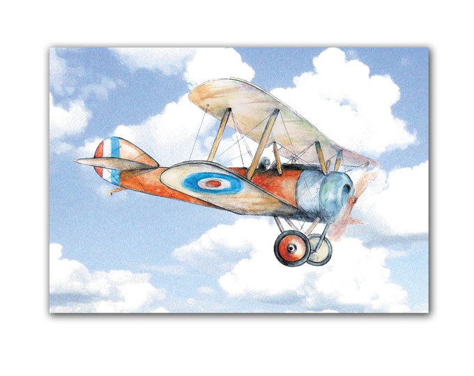 Airplane in sky decor Airplanes flying in clouds print Nursery aviation theme Vintage aviation painting Boys nursery wall art