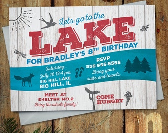 Lake Party Printable Birthday Invitation / Party at the lake Invitation with bird, dragonfly, fox, flip flops, forest