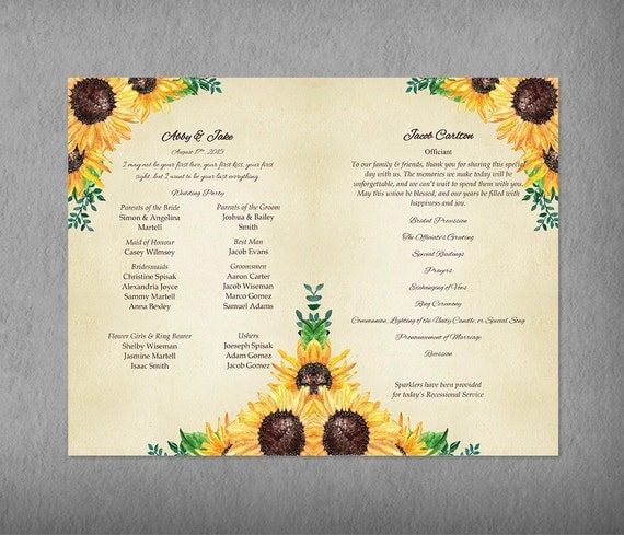 Rustic Sunflower Wedding Program Template Order of Service