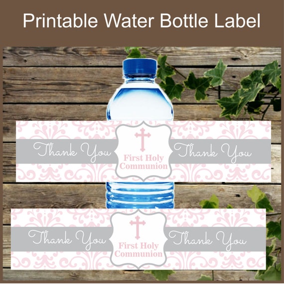 First Holy Communion Pink And Grey Water Bottle Label Printable Label 