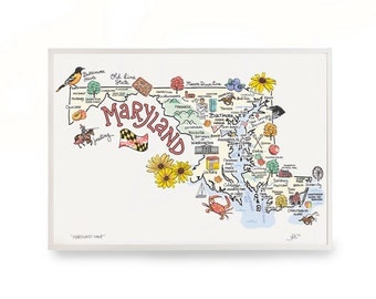 Maryland Art, Maryland Map, Maryland Print, Unframed, Print Signed by Artist, Printed on watercolor paper