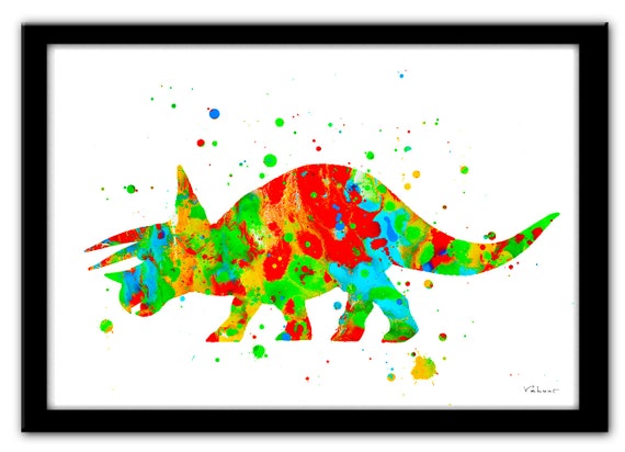 Impresión de dinosaurio, dinosaurio lámina, imprimir acuarela dinosaurio figura de dinosaurio, dinosaurio colorido, colores brillantes, silueta de dinosaurio