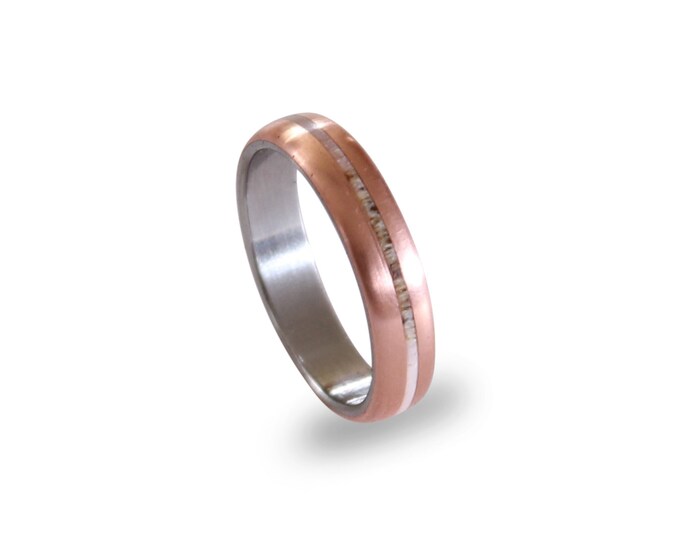 Titanium band for women with copper and antler inlay