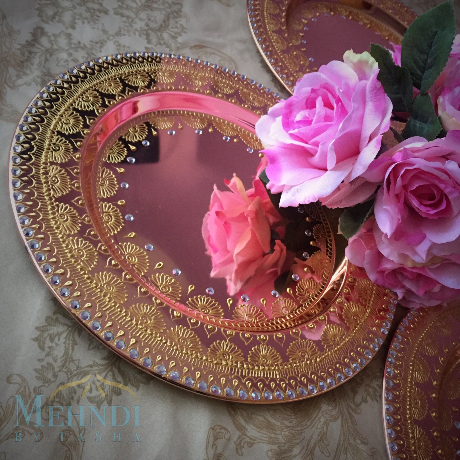 Rose gold wedding mehndi thaal charger plate decor