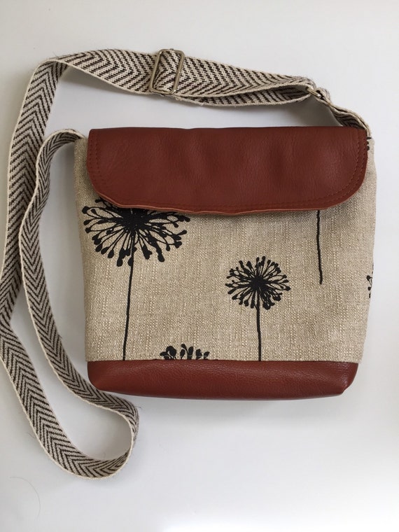 Leather Crossbody bag Leather and fabric dandelion fabric