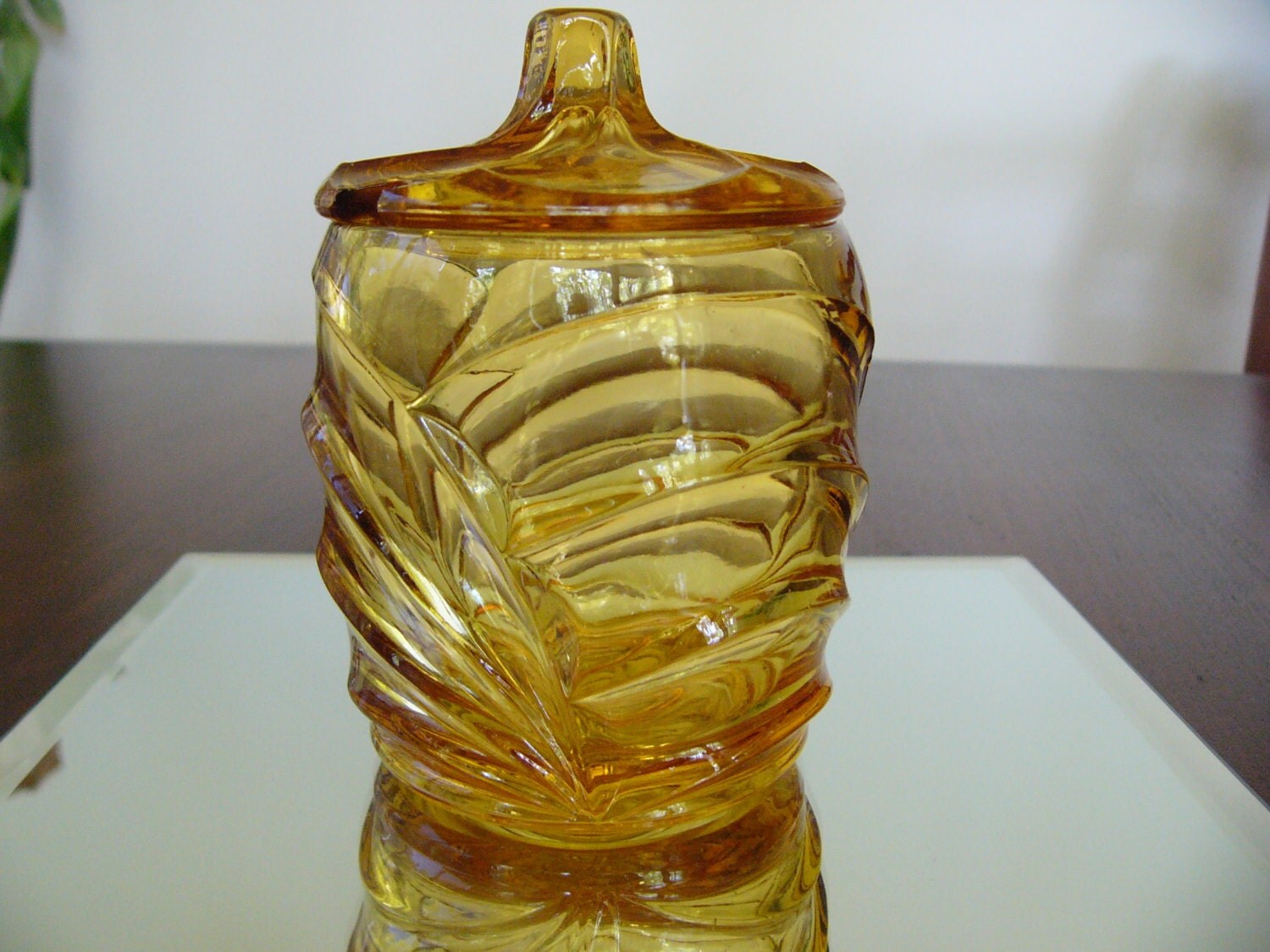 Art Deco Glass Lidded Jam Jar... 1930's Amber Glass Jar