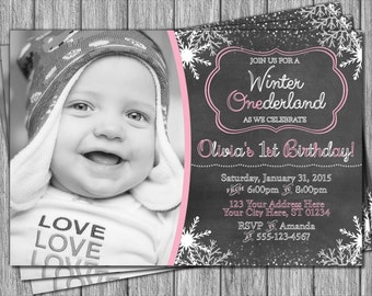 Winter Birthday Invitation - Winter ONEderland Invitations - Snowflake & Chalkboard