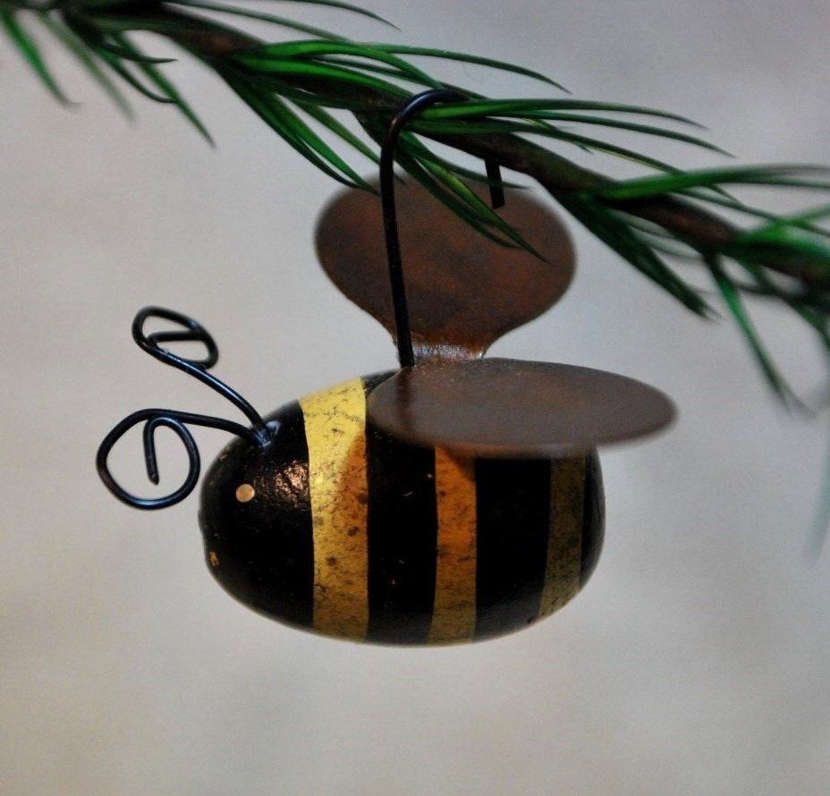 6 wood Bumble Bee Ornaments w/ Rusty Wings