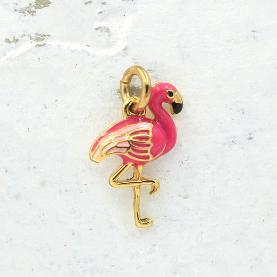 Pink Flamingo Charm Pendant Dainty Gold Enamel