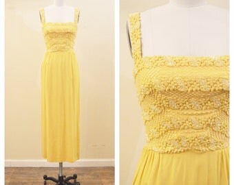 Vintage 1960's Chiffon Yellow Beaded Bodice Gown