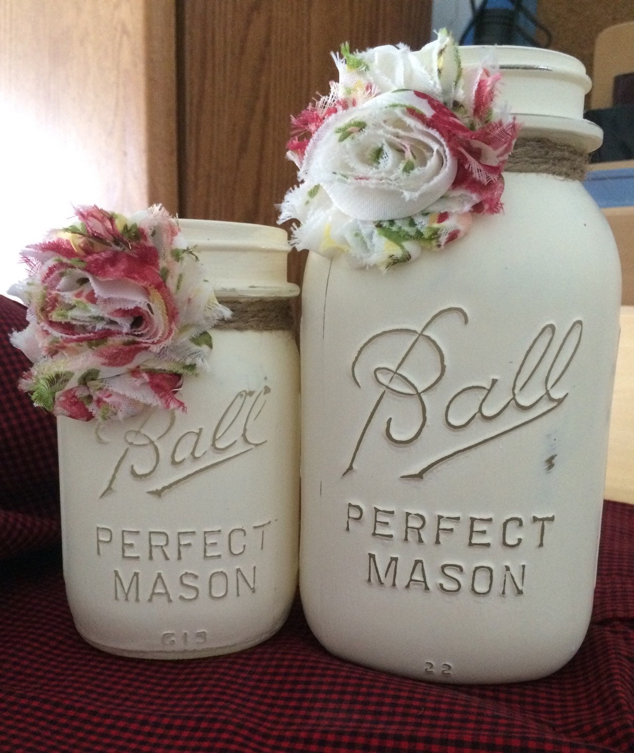 Antique Vintage Chalk Painted Mason Jars. Embellished with