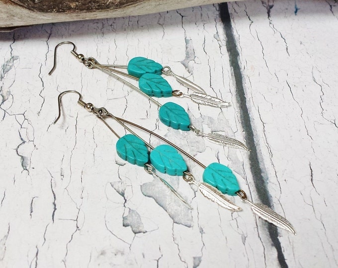 Long Turquoise Dangle Earrings ~ Free Spirited Gift For Her ~ Long Boho Turquoise Tribal Earrings Great Rodeo or Earth Festival Jewelry