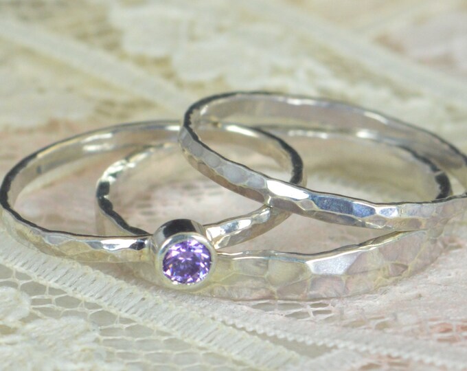 Amethyst Engagement Ring, Sterling Silver, Amethyst Wedding Ring Set, Rustic Wedding Ring Set, February Birthstone, Sterling Silver Ring