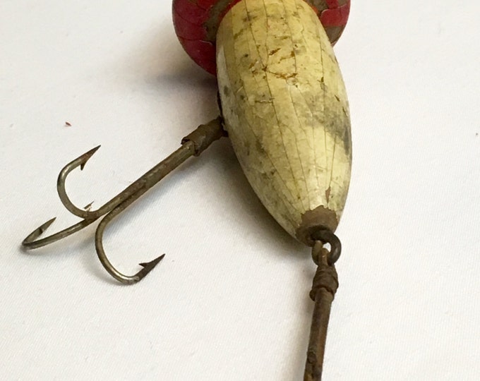 Storewide 25% Off SALE Antique Large Double Hook Heddon Wooden Fishing Lure Featuring Original Red & White Hand Painted Design