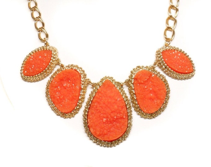 Storewide 25% Off SALE WOW Vintage Gold Tone Luscious Orange Druzy Necklace & Matching Earring Set Featuring Large Eclectic Teardrop Design