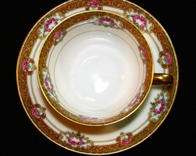Storewide 25% Off SALE Antique Old Abbey Limoges French Fine Porcelain Teacup & Matching Saucer Featuring Hand Painted Gold Accent Design