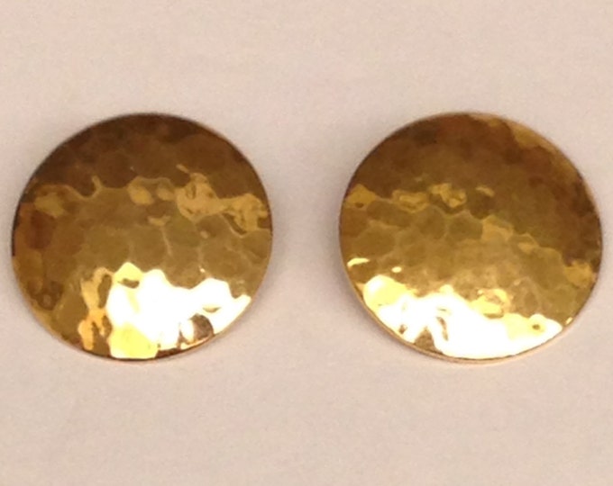 Storewide 25% Off SALE Vintage Hammer Dented Style Gold Tone Pierced Disc Designer Earrings Featuring Large Retro Design