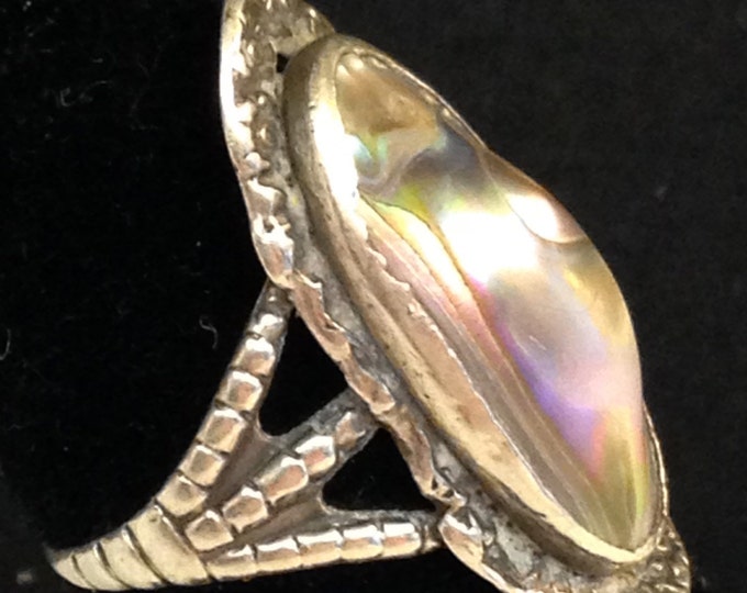 Storewide 25% Off SALE Vintage Sterling Silver Art Nouveau Abalone Designer Cocktail Ring Featuring Elongated Solitare Design